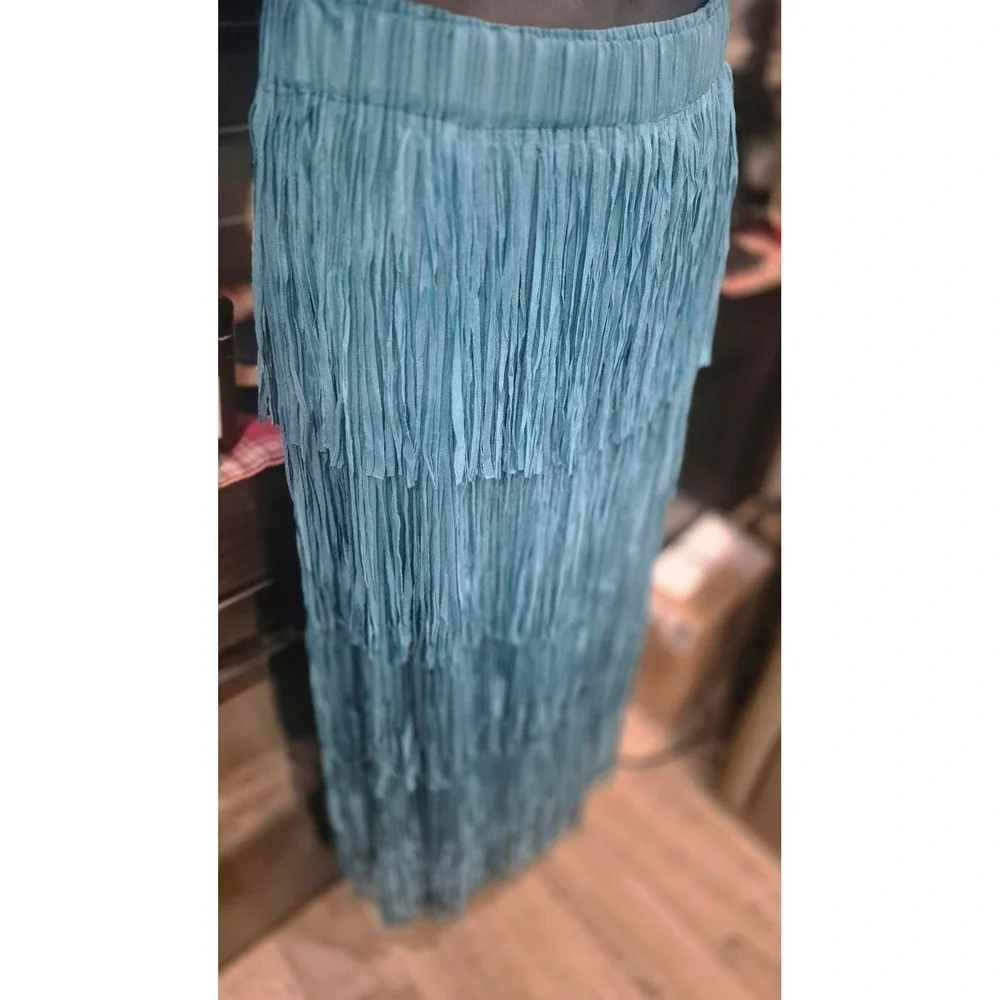 Western Turquoise Layered Fringe Midi Skirt Boho Cowgirl Festival Elastic S‎ M L